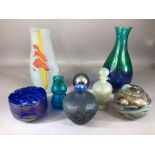 Collection of eight pieces of contemporary studio glass to include Jenny Blair Designs scent bottle,