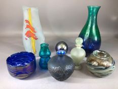 Collection of eight pieces of contemporary studio glass to include Jenny Blair Designs scent bottle,