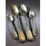 Four Silver hallmarked Victorian Fiddle spoons. Two serving spoons maker possibly A B Savory &