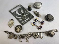 Collection of silver curios to include Art Nouveau Plaque, charm bracelet, cufflinks etc (total