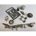 Collection of silver curios to include Art Nouveau Plaque, charm bracelet, cufflinks etc (total
