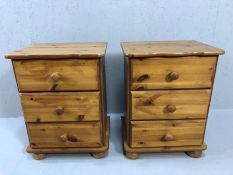 Pair of modern pine three drawer bedside cabinets, each approx 44cm x 35cm x 58cm tall