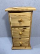 Small pine three drawer chest, approx 35cm x 28cm x 67cm tall