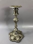Single Hallmarked silver candle stick Hallmarked for London by maker IW dated 1767 approx 26cm