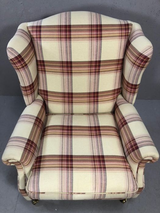 Laura Ashley Southwold raspberry check reclining wingback armchair, on brass front castors - Image 3 of 10