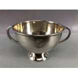 Hallmarked Silver twin handled cup on pedestal base by maker Bendall Brothers approx 9cm in diameter