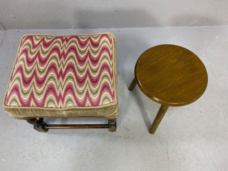Two small vintage wooden stools, one with padded seat - Image 2 of 4