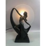 Art Deco style table lamp in the form of a dancing female, on stepped base, with frosted glass