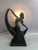 Art Deco style table lamp in the form of a dancing female, on stepped base, with frosted glass