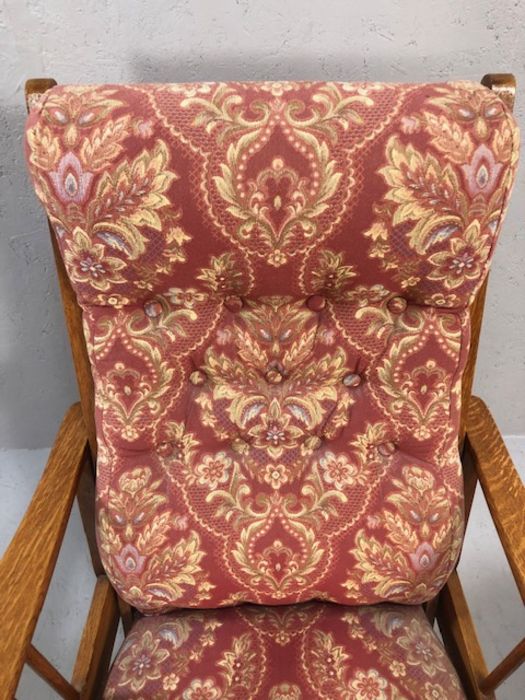 Vintage oak framed reclining and upholstered armchair with circular side table - Image 6 of 7