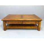 Modern oak coffee table with two drawers and shelf under, approx 120cm x 67cm x 40cm tall