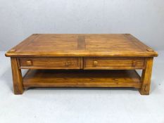 Modern oak coffee table with two drawers and shelf under, approx 120cm x 67cm x 40cm tall