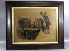 Oil on canvas of a donkey, approx 50cm x 40cm, unsigned, a couple of small areas of damage to