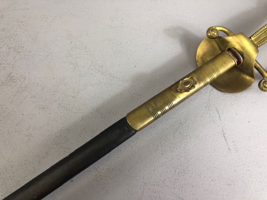 Military sword Silvered and brass stamped ER to blade with leather scabbard overall length 96cm - Image 6 of 26