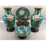 Collection of Chinese cloisonne items to include a pair of vases on wooden stands, each approx