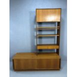 Mid Century teak sideboard with shelving unit over, approx 153cm x 46cm x 200cm tall