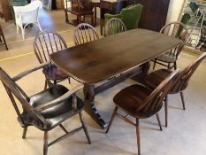 ERCOL Old Colonial dining table with seven chairs (one carver), table approx 152cm x 77cm