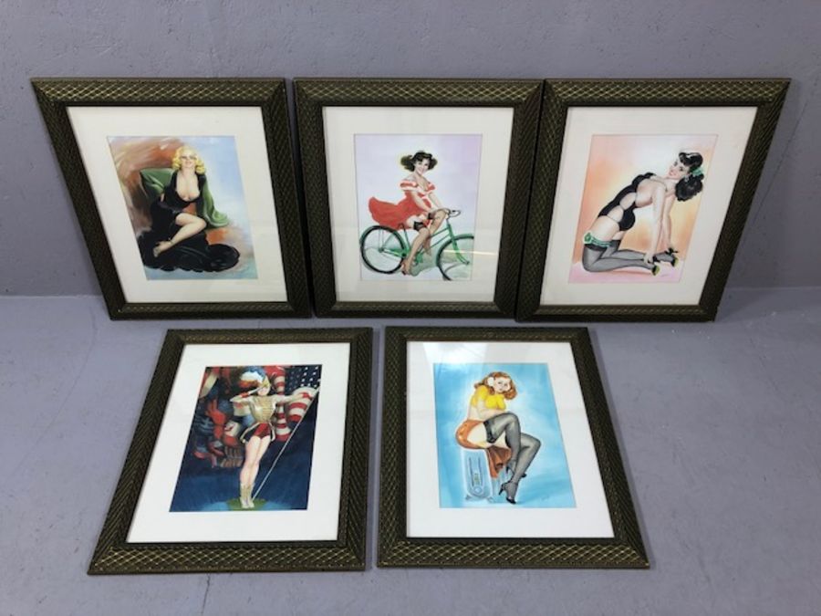 Collection of five framed 1930s/40s style watercolours of women, mostly signed 'Dizzy', each