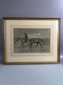 MICHAEL LYNE, racehorses and a rider, watercolour heightened with white, signed lower right approx