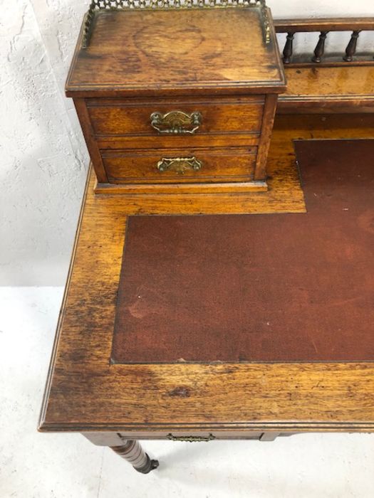 Antique writing desk on turned legs and castors with burgundy leather insert and gallery with - Image 3 of 17