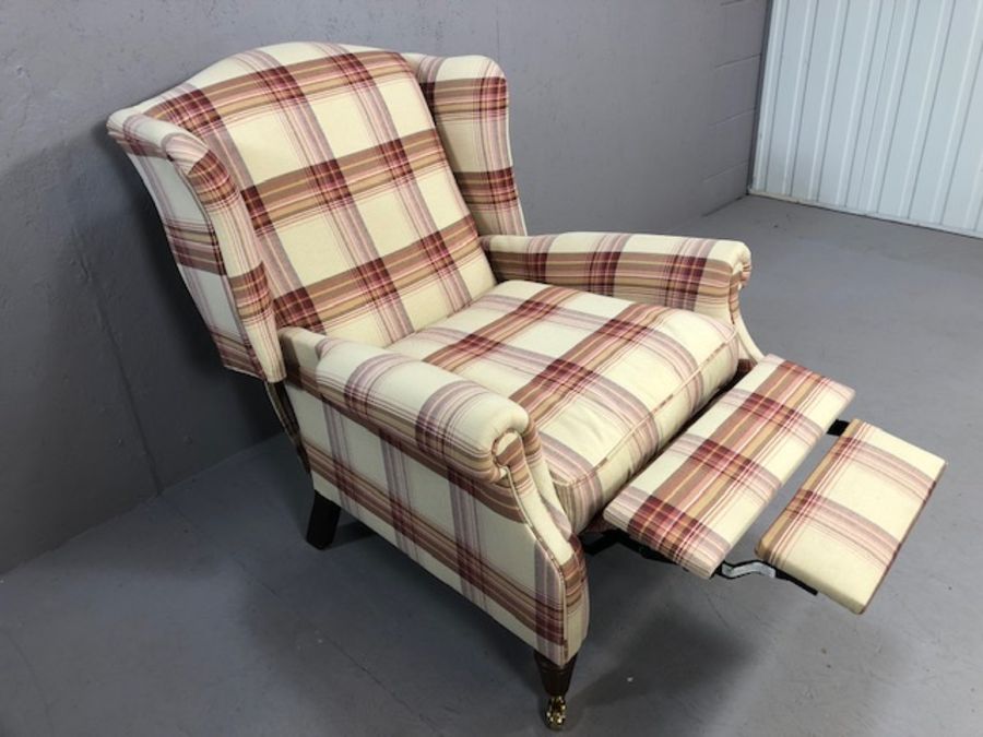 Laura Ashley Southwold raspberry check reclining wingback armchair, on brass front castors - Image 8 of 10