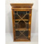 Small glass fronted cabinet with key, approx 52cm x 25cm x 99cm tall