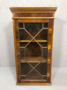 Small glass fronted cabinet with key, approx 52cm x 25cm x 99cm tall