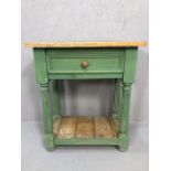 Painted wooden pine console table with fluted legs and single drawer, approx 66cm x 41cmx 76cm tall