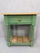 Painted wooden pine console table with fluted legs and single drawer, approx 66cm x 41cmx 76cm tall