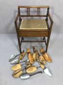Collection of vintage shoe lasts, wooden and metal, with an inlaid hall seat
