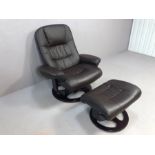 Modern reclining swivel armchair with matching footstool, in very dark brown