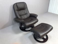 Modern reclining swivel armchair with matching footstool, in very dark brown