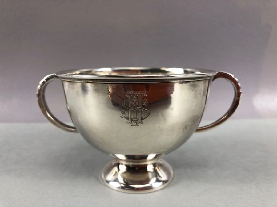 Hallmarked Silver twin handled cup on pedestal base by maker Bendall Brothers approx 9cm in diameter - Image 2 of 7