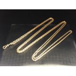 Gold chain no hallmarks132cm long tests as 15ct or above total weight approx 30g