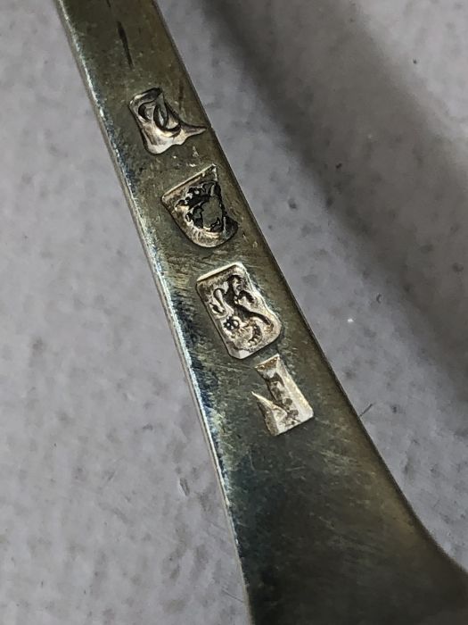 Solid Silver large straining spoon hallmarked for London, crest of a stag crown and cross dated 1774 - Image 8 of 8