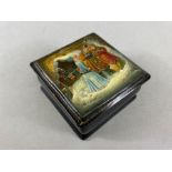 Russian lacquered Box, by Fedoskino, depicting characters in a winter scene approx 7 x 7x 3.5cm