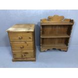 Single pine three drawer bedside and a small pine carved bookshelf