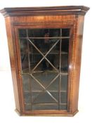 Glazed Victorian corner cupboard with three shelves and inlay detailing, approx 83cm x 50cmx 103cm
