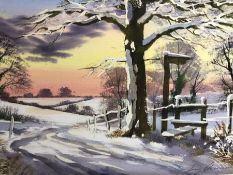 TERRY HARRISON (British, 1951-2017), watercolour of a landscape in snow, signed lower right,