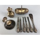 Collection of hallmarked silver items to include a silver basket, inkwell, propelling pencil and a