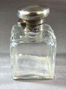 Interesting inkwell comprising square glass body and Silver hallmarked hinged lid which screws