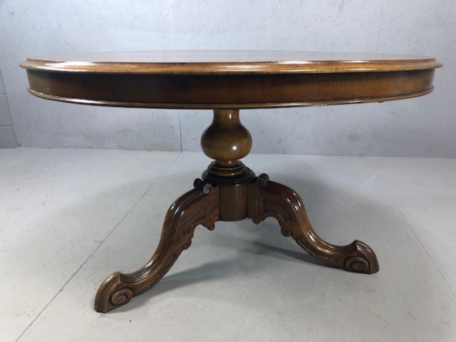 Circular mahogany pedestal table on tripod heavily carved feet approx 1 metre in diameter - Image 6 of 6