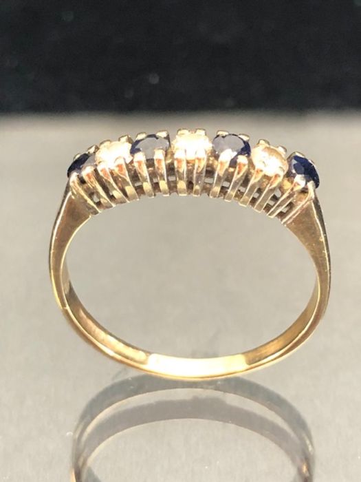 9ct Gold Diamond and Sapphire seven stone ring in claw settings approx size 'S' & 2.8g - Image 2 of 6