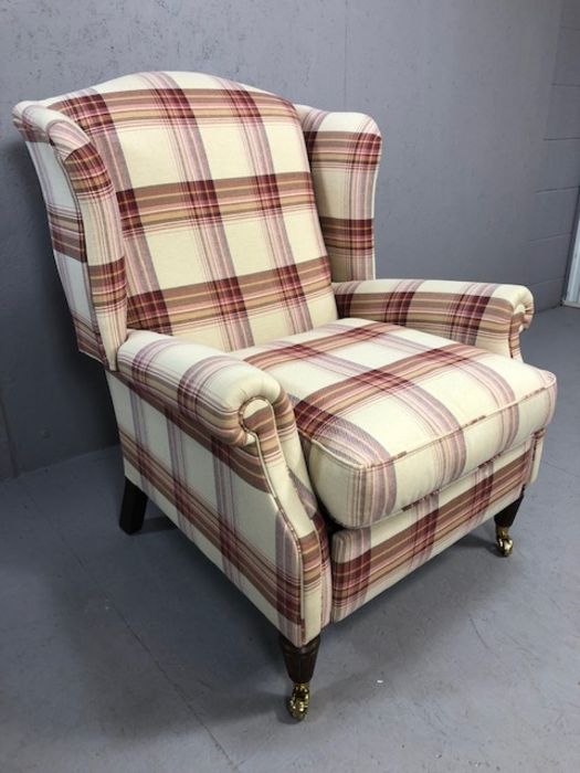 Laura Ashley Southwold raspberry check reclining wingback armchair, on brass front castors - Image 2 of 10