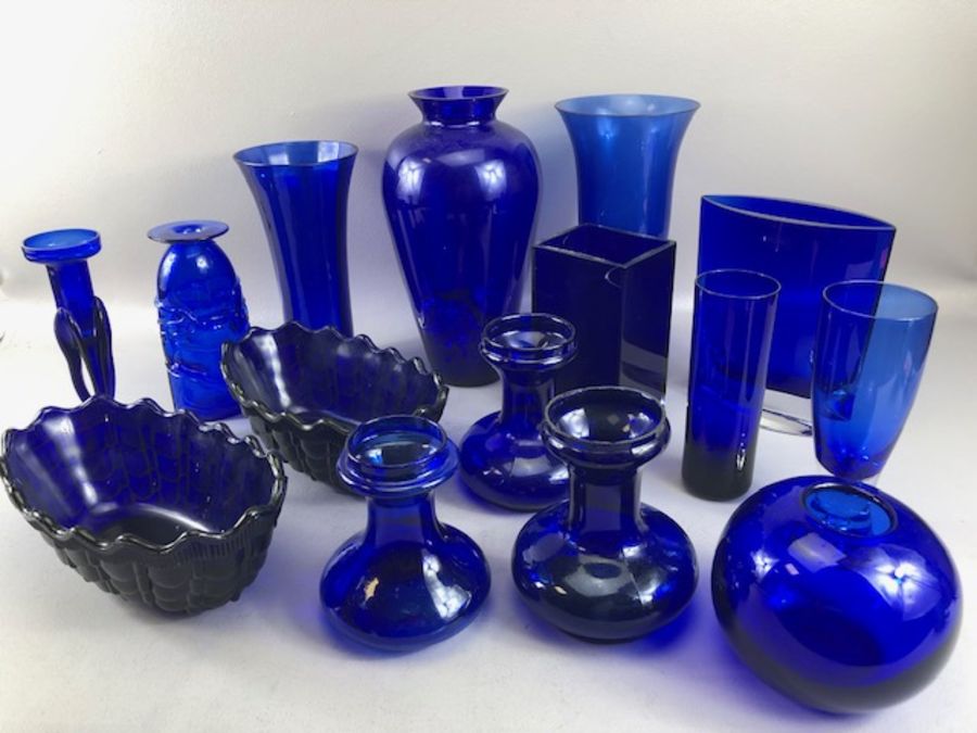 Large collection of Blue Glass decorative Bottles approx 15 in total