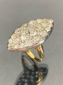 Diamond Marquise ring set with 21 old mine cut diamonds on yellow and white gold ring size 'M' and