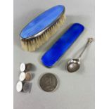 Collection of Silver items to include two enamel backed brushes (A/F) a silver spoon, silver