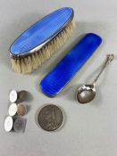 Collection of Silver items to include two enamel backed brushes (A/F) a silver spoon, silver