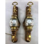 Pair of coaching or ships lamps mounted onto wooden plinths and wired for electric lighting approx