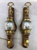 Pair of coaching or ships lamps mounted onto wooden plinths and wired for electric lighting approx